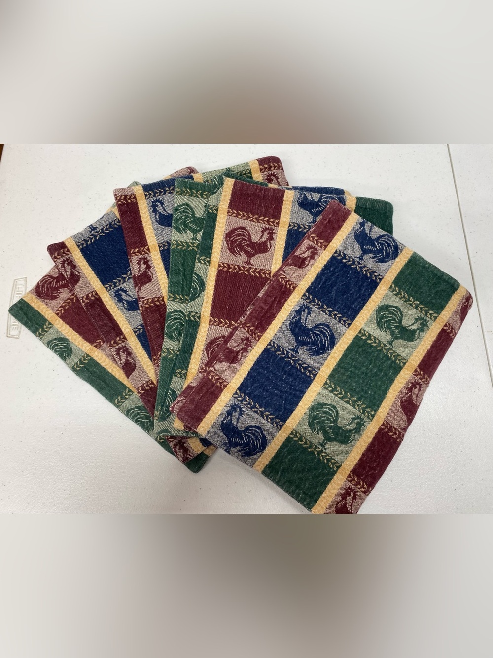 Vintage rooster tapestry placemats set of 6 textured red blue green country